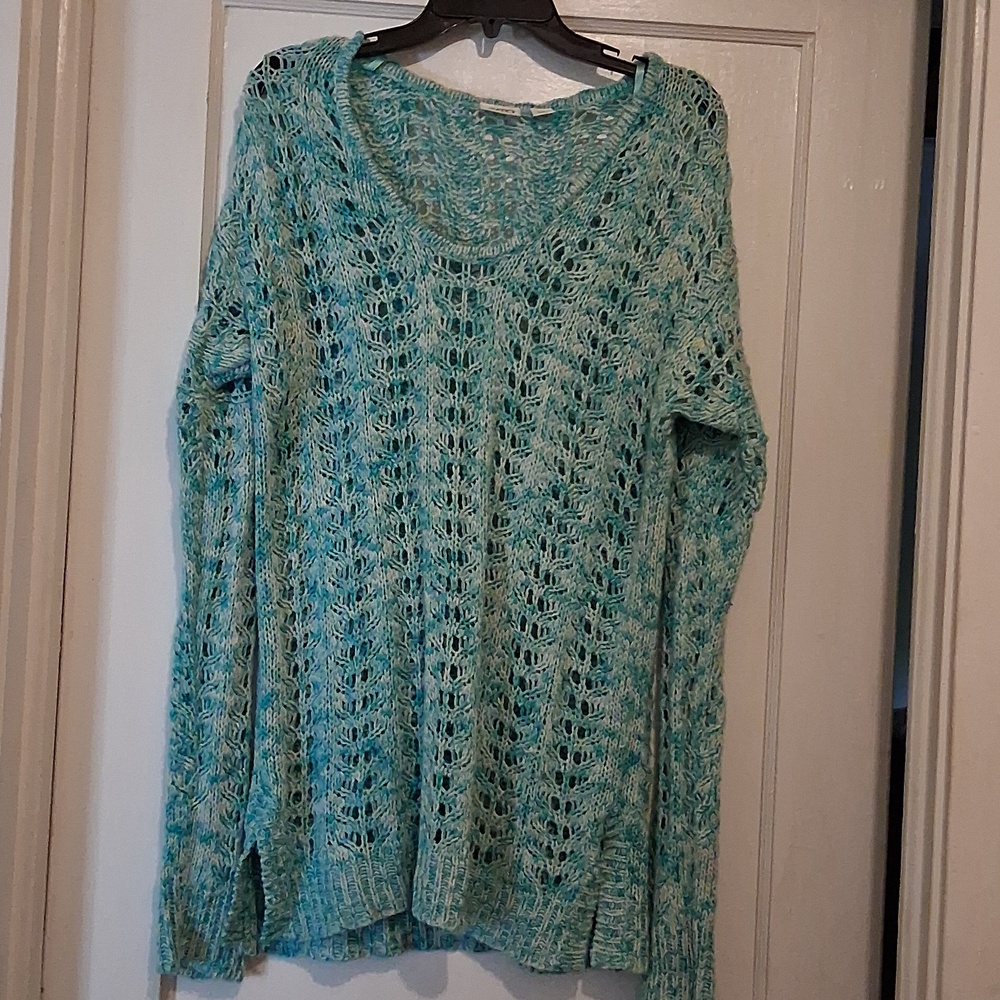 Cato Open-Knit Scoop Neck Sweater in Aqua Blue